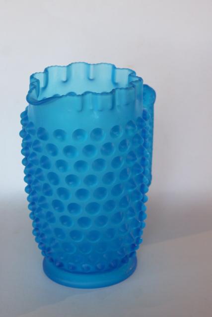 photo of vintage hobnail glass pitcher, blue mist satin frosted glass #9