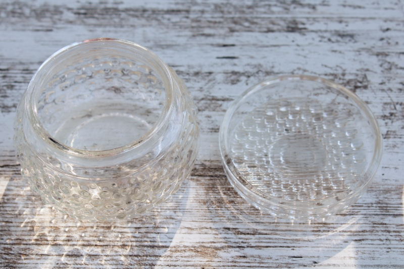 photo of vintage hobnail glass powder puff jar, dot dash pattern Anchor Hocking hobnail glass #2