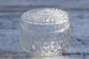 catalog photo of vintage hobnail glass powder puff jar, dot dash pattern Anchor Hocking hobnail glass