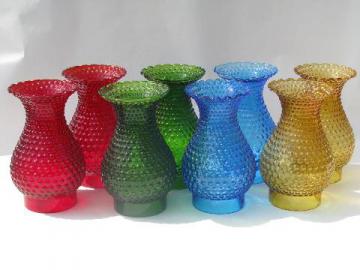 catalog photo of vintage hobnail glass replacement chimney lamp shades, red, blue, amber, green