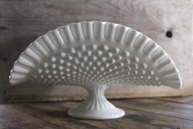 photo of vintage hobnail milk glass banana stand fruit bowl, Fenton paper label #1