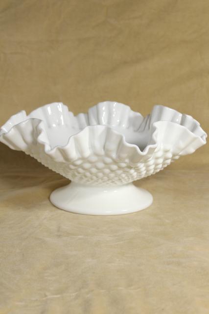 photo of vintage hobnail milk glass bowl marked Fenton, low compote dish w/ crimped ruffle edge #1