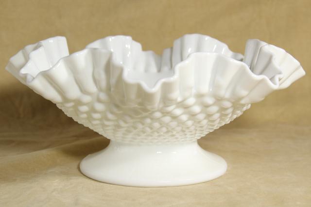 photo of vintage hobnail milk glass bowl marked Fenton, low compote dish w/ crimped ruffle edge #2