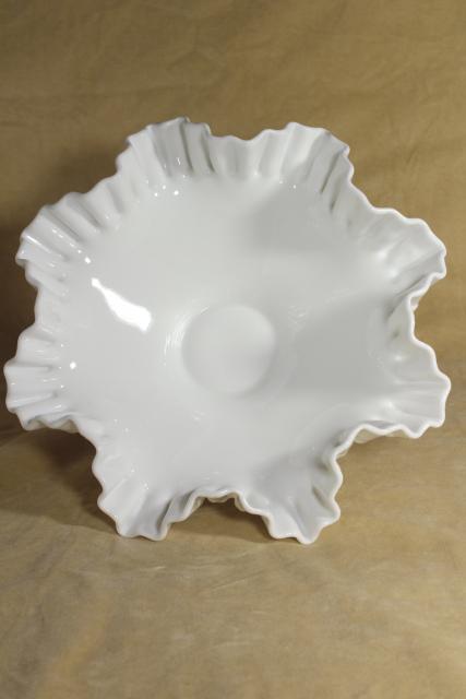 photo of vintage hobnail milk glass bowl marked Fenton, low compote dish w/ crimped ruffle edge #4