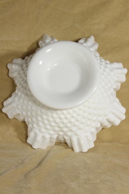 photo of vintage hobnail milk glass bowl marked Fenton, low compote dish w/ crimped ruffle edge #6