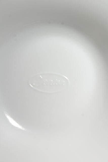 photo of vintage hobnail milk glass bowl marked Fenton, low compote dish w/ crimped ruffle edge #7