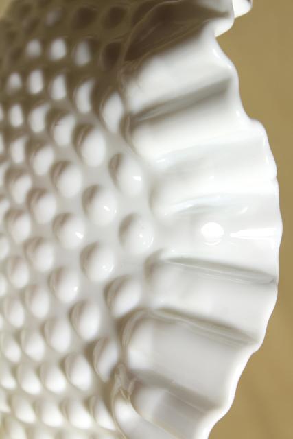 photo of vintage hobnail milk glass bowl marked Fenton, low compote dish w/ crimped ruffle edge #8