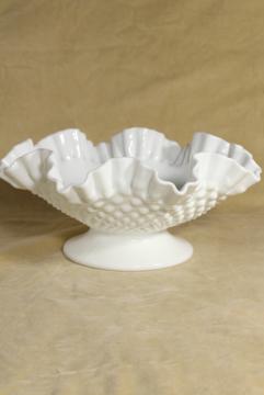 catalog photo of vintage hobnail milk glass bowl marked Fenton, low compote dish w/ crimped ruffle edge