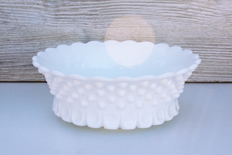 photo of vintage hobnail milk glass bowl, mid-century mod Fenton glass centerpiece #1