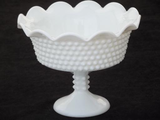 photo of vintage hobnail milk glass compote bowl, large pedestal candy dish  #1