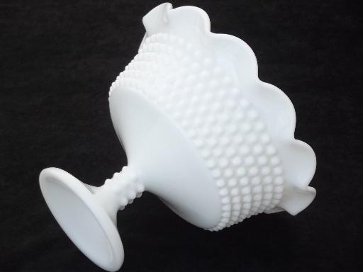 photo of vintage hobnail milk glass compote bowl, large pedestal candy dish  #3