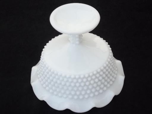 photo of vintage hobnail milk glass compote bowl, large pedestal candy dish  #4