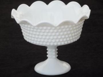 catalog photo of vintage hobnail milk glass compote bowl, large pedestal candy dish 