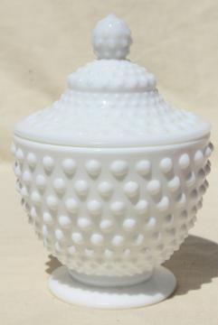 catalog photo of vintage hobnail milk glass covered jar or candy dish, unmarked Fenton glass