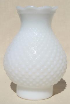 catalog photo of vintage hobnail milk glass hurricane lampshade, chimney shade for oil lamp