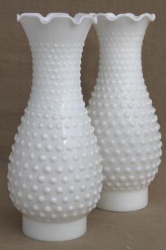 catalog photo of vintage hobnail milk glass hurricane shades, hand blown opaque white lamp chimney pair