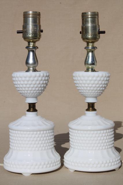 photo of vintage hobnail milk glass lamps, 1950s dresser lamp pair boudoir lamps #2