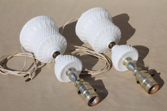 photo of vintage hobnail milk glass lamps, 1950s dresser lamp pair boudoir lamps #6