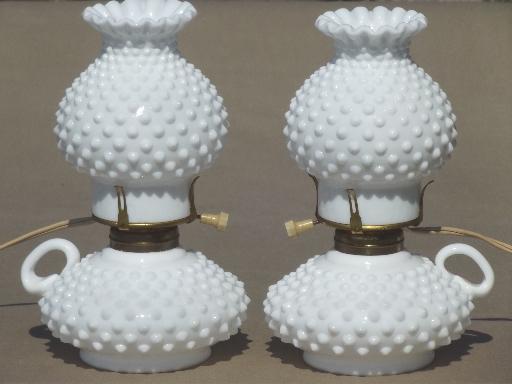 photo of vintage hobnail milk glass lamps, finger ring candlestick lamps w/ shades #1