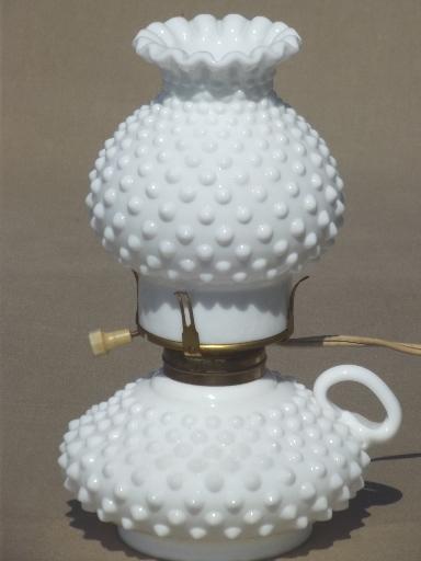 photo of vintage hobnail milk glass lamps, finger ring candlestick lamps w/ shades #2
