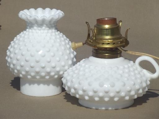 photo of vintage hobnail milk glass lamps, finger ring candlestick lamps w/ shades #3