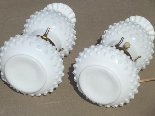 photo of vintage hobnail milk glass lamps, finger ring candlestick lamps w/ shades #5