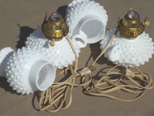photo of vintage hobnail milk glass lamps, finger ring candlestick lamps w/ shades #7