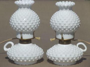 catalog photo of vintage hobnail milk glass lamps, finger ring candlestick lamps w/ shades