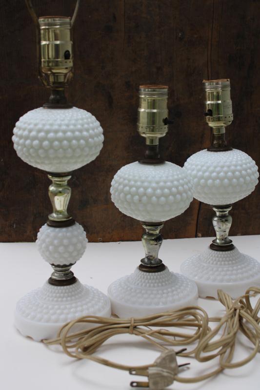 photo of vintage hobnail milk glass lamps, pair of dresser lamps & tall nightstand lamp #5