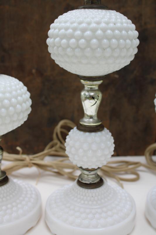 photo of vintage hobnail milk glass lamps, pair of dresser lamps & tall nightstand lamp #6