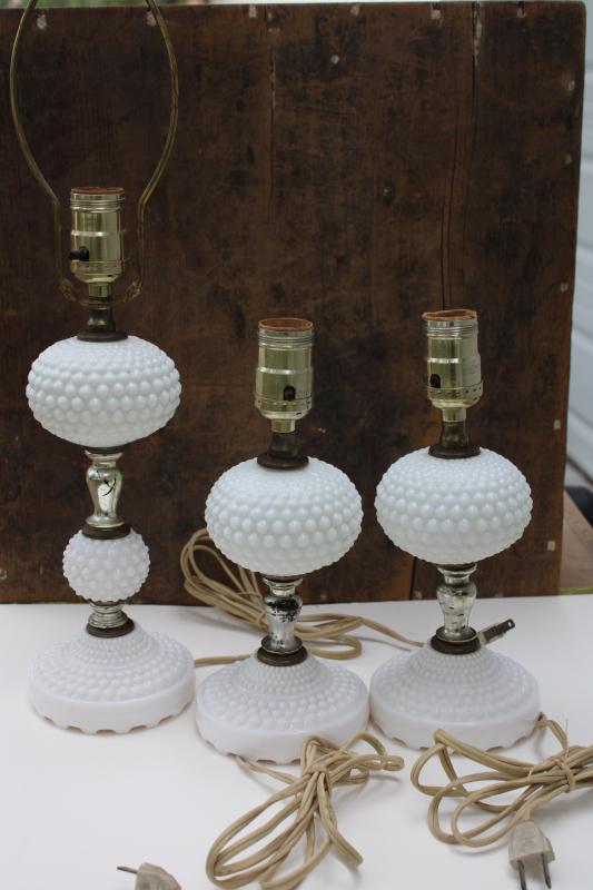 photo of vintage hobnail milk glass lamps, pair of dresser lamps & tall nightstand lamp #7