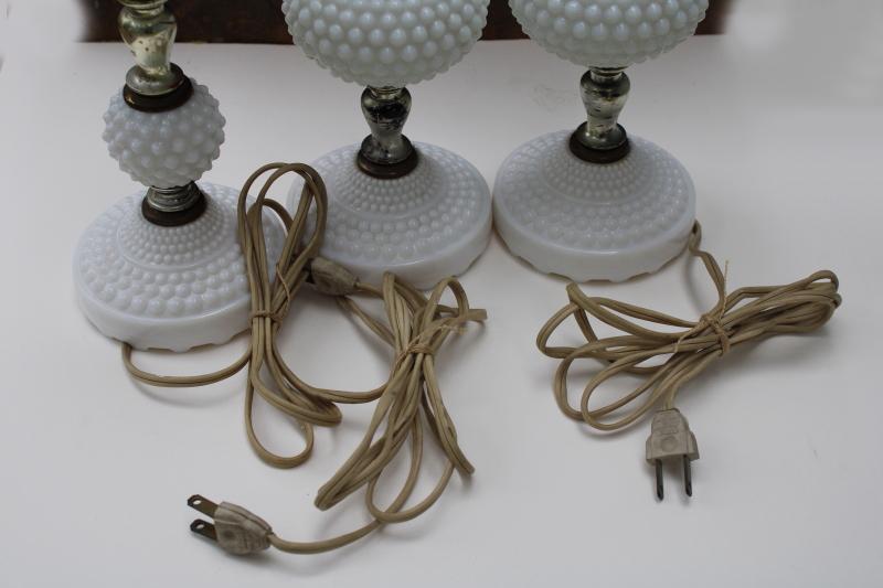 photo of vintage hobnail milk glass lamps, pair of dresser lamps & tall nightstand lamp #11