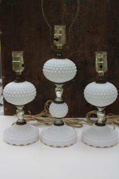 catalog photo of vintage hobnail milk glass lamps, pair of dresser lamps & tall nightstand lamp