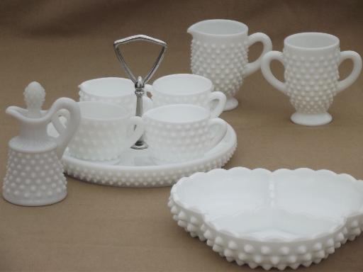 photo of vintage hobnail milk glass serving pices, condiment tray, relish plate etc.  #1