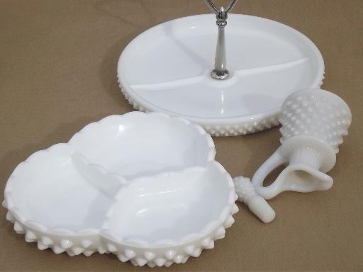 photo of vintage hobnail milk glass serving pices, condiment tray, relish plate etc.  #2