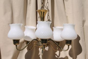 catalog photo of vintage hobnail milk glass shades chandelier, shabby cottage chic farmhouse hanging light