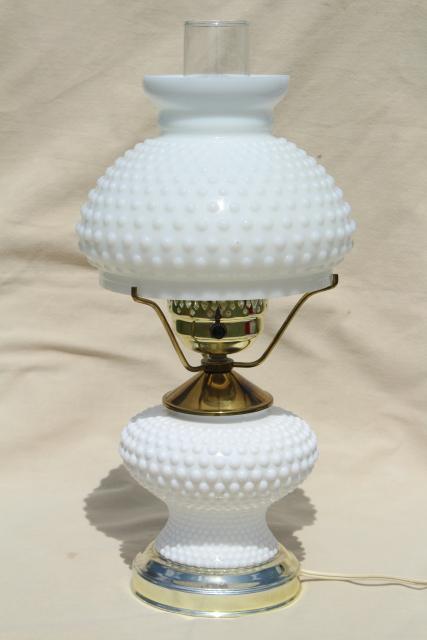 photo of vintage hobnail milk glass student lamp w/ light up base, Fenton table lamp #1