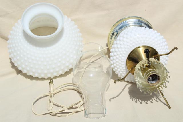 photo of vintage hobnail milk glass student lamp w/ light up base, Fenton table lamp #2