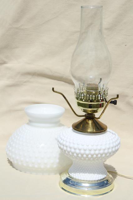 photo of vintage hobnail milk glass student lamp w/ light up base, Fenton table lamp #3