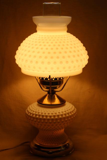 photo of vintage hobnail milk glass student lamp w/ light up base, Fenton table lamp #4