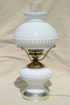 catalog photo of vintage hobnail milk glass student lamp w/ light up base, Fenton table lamp