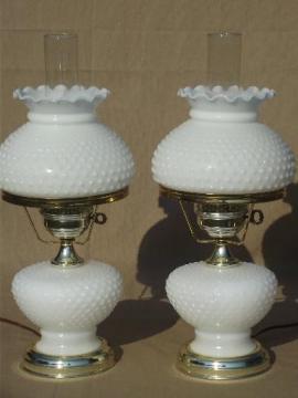 catalog photo of vintage hobnail milk glass student lamps w/ chimney lamp hurricane shades