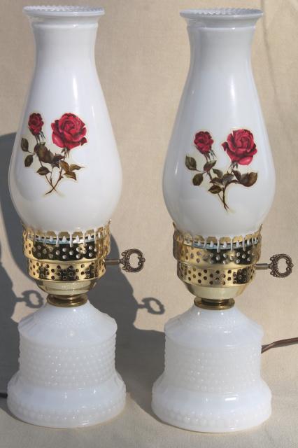 photo of vintage hobnail milk glass vanity table lamps w/ pink roses, boudoir lamp pair #1