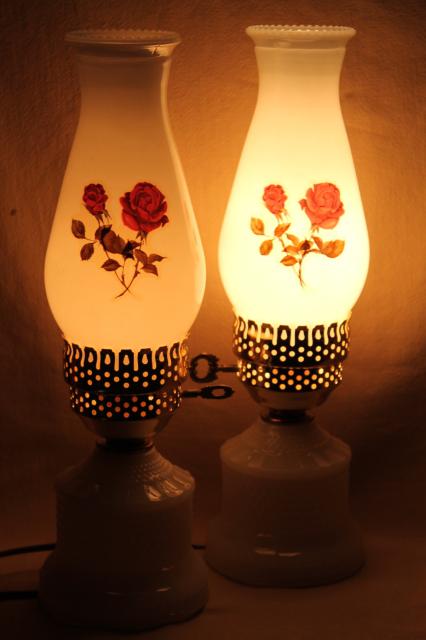 photo of vintage hobnail milk glass vanity table lamps w/ pink roses, boudoir lamp pair #2