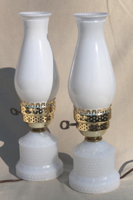 photo of vintage hobnail milk glass vanity table lamps w/ pink roses, boudoir lamp pair #3