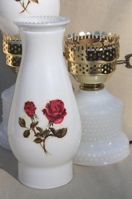 photo of vintage hobnail milk glass vanity table lamps w/ pink roses, boudoir lamp pair #4