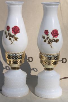 catalog photo of vintage hobnail milk glass vanity table lamps w/ pink roses, boudoir lamp pair