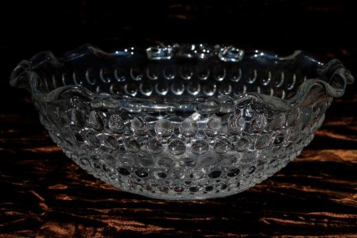 photo of vintage hobnail pattern clear glass bowl w/ handles, ruffled edge hobnail glass dish #2