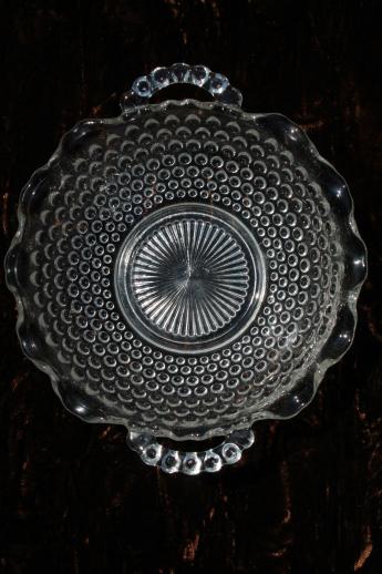 photo of vintage hobnail pattern clear glass bowl w/ handles, ruffled edge hobnail glass dish #4