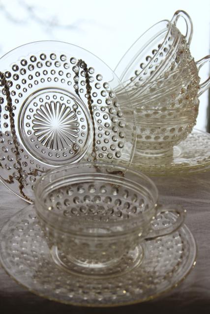 photo of vintage hobnail pattern crystal clear glass cups & saucers set, Anchor Hocking depression glass #1